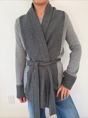 SHAE Small Striped Shawl Collar Belted Cardigan - Gray and Black